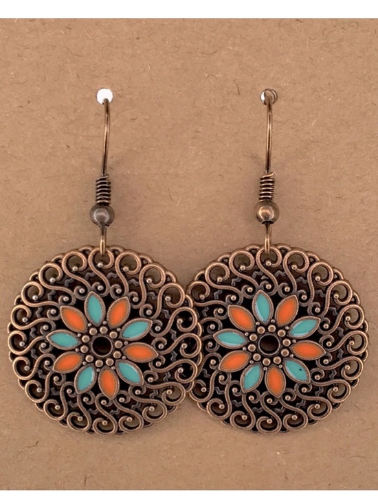 Fashion Jewelry Jewelry - Vintage Floral Bronze Earrings with Turquoise and Orange Accents